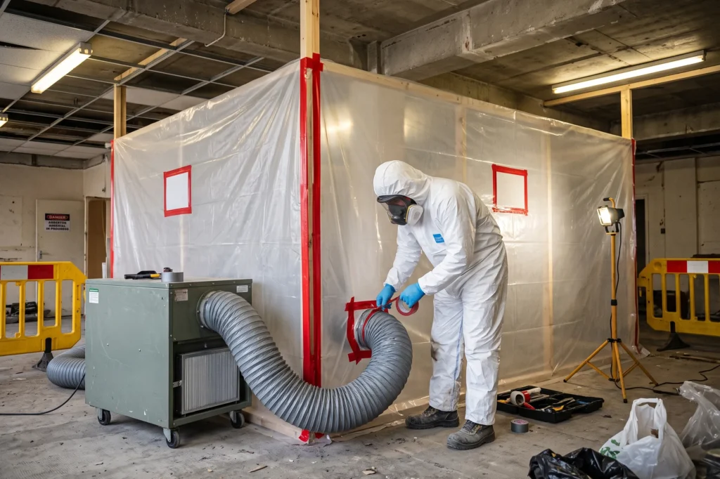 Licensed asbestos removal contractor setting up a negative pressure unit inside a sealed enclosure, asbestos abatement, asbestos abatement and removal, asbestos removal process