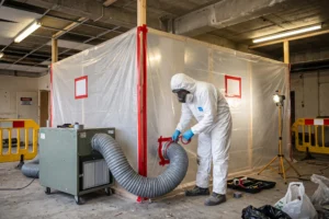 Licensed asbestos removal contractor setting up a negative pressure unit inside a sealed enclosure, asbestos abatement, asbestos abatement and removal, asbestos removal process