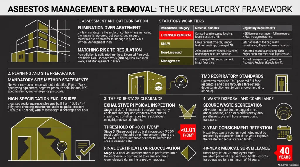 asbestos abatement, asbestos removal process, CAR 2012, licensed asbestos removal, four-stage clearance, asbestos management plan, asbestos waste disposal, HSE licensed contractor