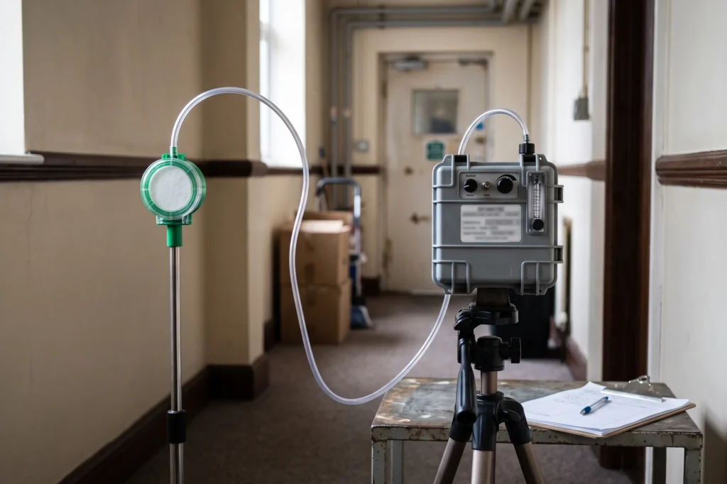 Air sampling pump and filter cassette set up inside a commercial property during asbestos works, asbestos air monitoring, reassurance air testing, personal exposure monitoring
