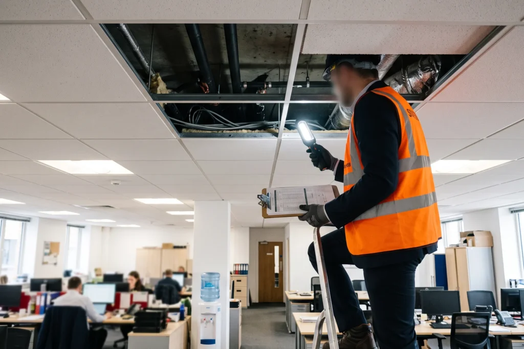 Surveyor opening a ceiling void to inspect for asbestos during a commercial dilapidations assessment, dilapidations survey asbestos, end of lease repairs, tenant alterations asbestos