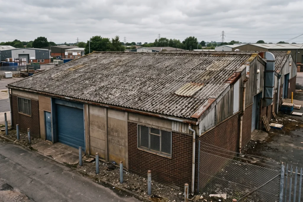 Weathered Big Six asbestos cement roof sheets on an industrial warehouse unit, industrial asbestos removal, asbestos cement roof replacement, industrial roof survey