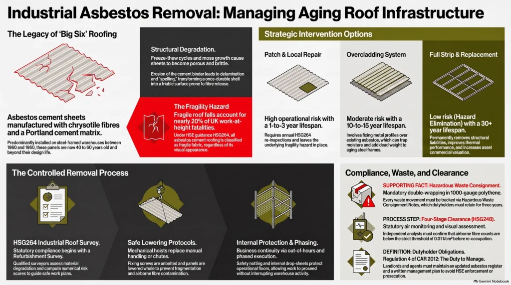 industrial asbestos removal, asbestos cement roof replacement, industrial roof survey, commercial asbestos Essex, Big Six cement sheet removal, HSG264 condition assessment, industrial dilapidations asbestos