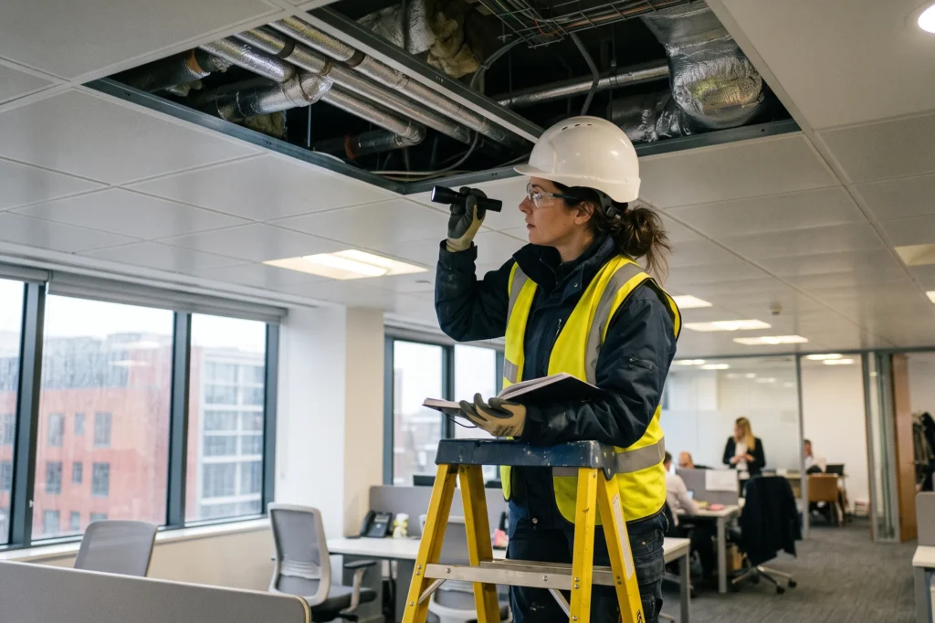 Surveyor in protective equipment inspecting a ceiling void above a suspended grid in a London office, office fit-out asbestos survey, Cat A strip-out asbestos, commercial refurbishment survey