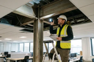 Building surveyor inspecting structural steelwork concealed above a suspended ceiling void, sprayed asbestos coating, limpet asbestos on steelwork, asbestos fireproofing steel frame