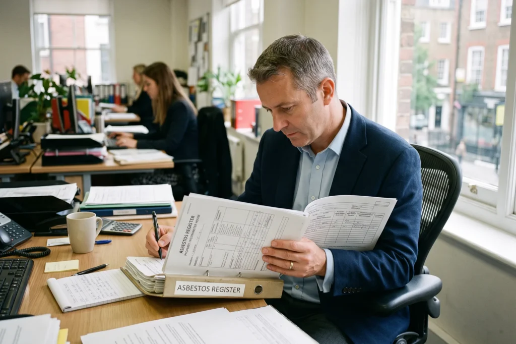 Property manager reviewing an asbestos register at an office desk, asbestos in leased property, commercial tenant asbestos responsibility, full repairing lease asbestos