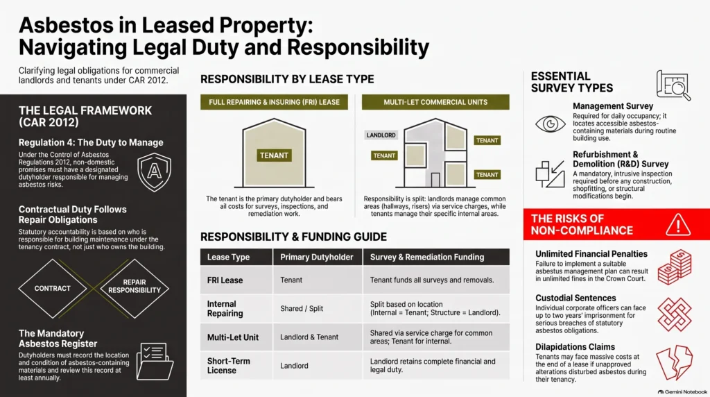 asbestos in leased property, commercial tenant asbestos responsibility, full repairing lease asbestos, CAR 2012 Regulation 4, dutyholder commercial lease, asbestos register, refurbishment and demolition survey, commercial landlord compliance