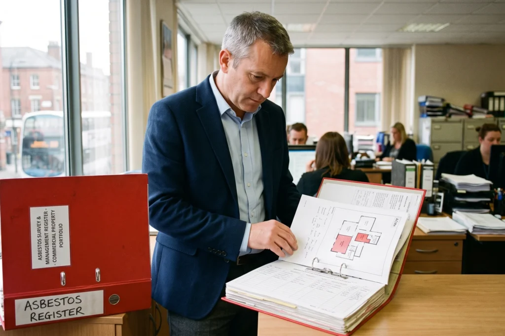 Commercial property manager inspecting an asbestos register binder in an office, asbestos management plan, written management plan, asbestos management plan commercial
