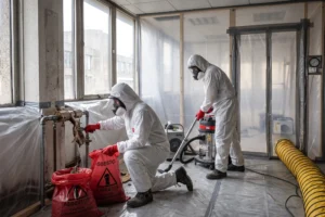 Licensed operatives conducting commercial building asbestos removal in containment, building asbestos removal, commercial building ACM, asbestos removal commercial building
