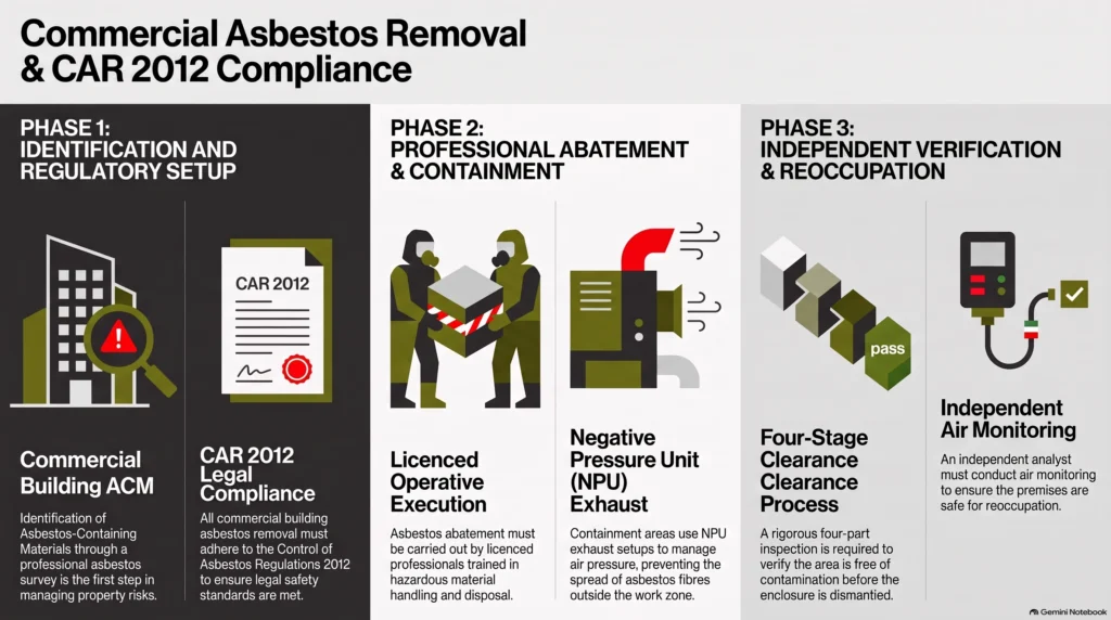 building asbestos removal, commercial building ACM, asbestos removal commercial building, CAR 2012, asbestos survey, commercial property compliance, four stage clearance
