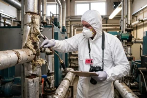 A qualified asbestos surveyor inspecting pipe insulation in a commercial plant room, commercial asbestos risk assessment, landlord risk scoring, risk assessment commercial property