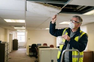 Commercial property surveyor checking ceiling panels for asbestos, commercial property asbestos, ACM commercial property, asbestos commercial property duties