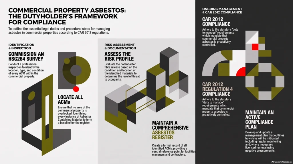 commercial property asbestos, dutyholder compliance, CAR 2012 regulation 4, asbestos register, commercial property compliance, ACM inspection, HSG264 survey