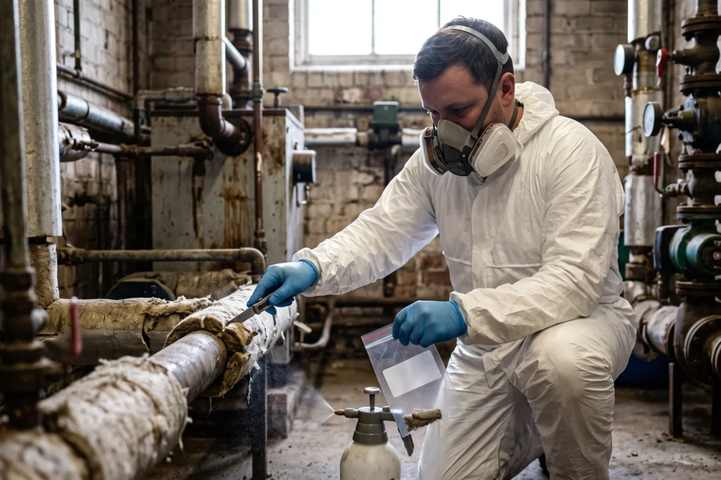Asbestos surveyor taking a bulk sample of ceiling material in commercial premises, commercial property asbestos regulations, commercial asbestos reports, commercial property asbestos surveys