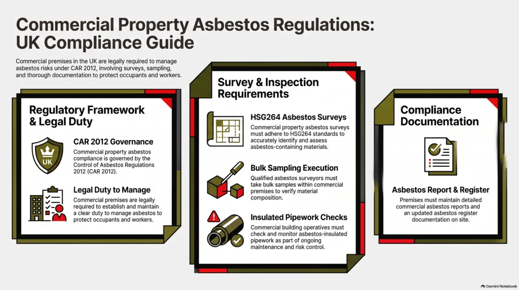 commercial property asbestos regulations, commercial asbestos reports, commercial property asbestos surveys, CAR 2012, duty to manage asbestos, HSG264 surveys, UK asbestos compliance