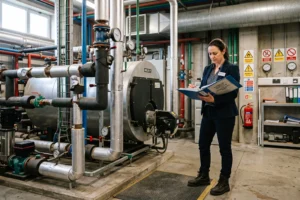 Commercial property manager reviewing an asbestos survey register in an office building plant room, commercial asbestos survey, commercial building survey, asbestos survey for commercial property