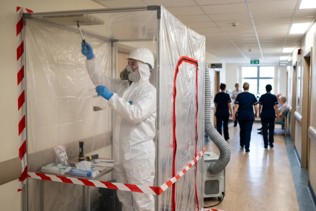Surveyor taking bulk samples within a sealed negative pressure tent in an occupied clinic, hospital asbestos survey, school building works, public sector asbestos