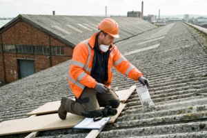 Qualified asbestos surveyor inspecting corrugated cement roofing sheets on an industrial warehouse, industrial asbestos survey, factory warehouse survey, industrial building asbestos survey