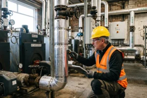 1. Certified surveyor inspecting pipe lagging in a commercial boiler room, property asbestos survey, commercial property ACM, asbestos commercial property survey