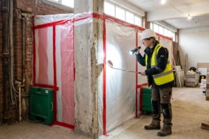 Analyst inspecting asbestos removal enclosure with torch and mirror during visual examination, 4 stage asbestos clearance, HSG248 clearance process, four stage clearance asbestos