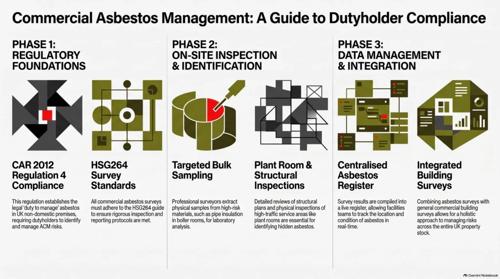 commercial asbestos survey, commercial building survey, asbestos survey for commercial property, CAR 2012 Regulation 4, dutyholder compliance, HSG264 survey guide, asbestos register management