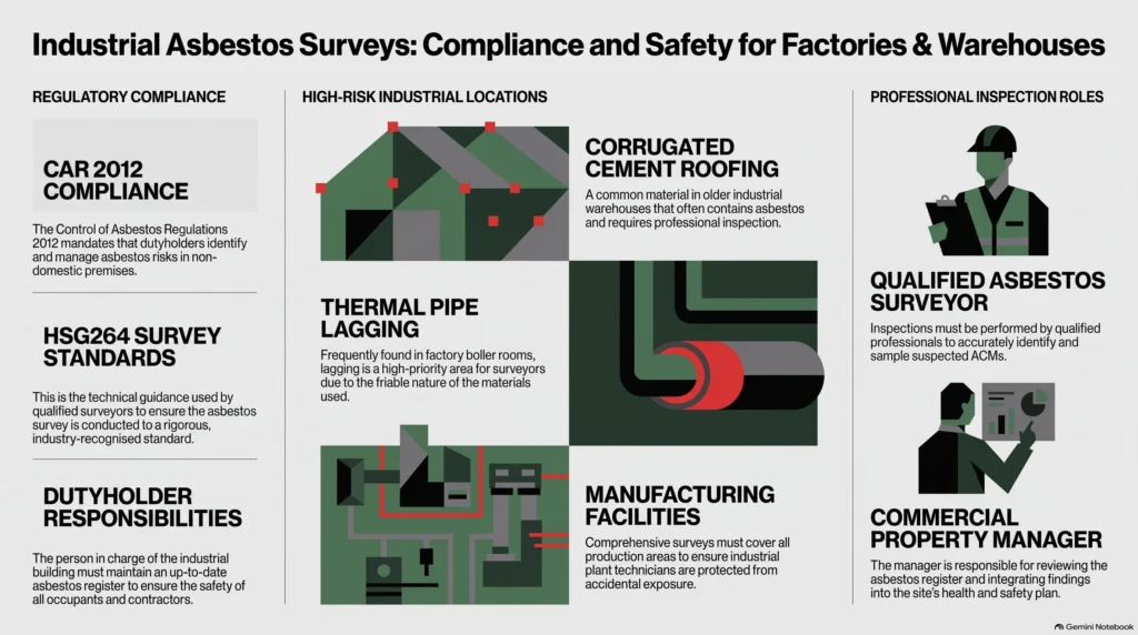 industrial asbestos survey, factory warehouse survey, industrial building asbestos survey, HSG264 survey, CAR 2012 compliance, asbestos risk assessment, commercial property asbestos, dutyholder responsibilities