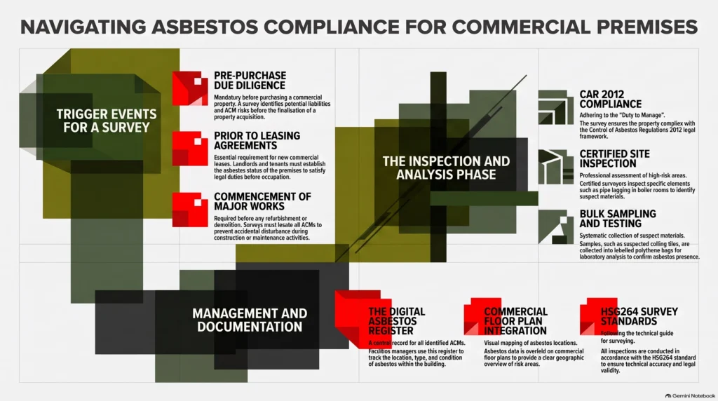 property asbestos survey, commercial property ACM, asbestos commercial property survey, CAR 2012 compliance, duty to manage asbestos, HSG264 survey, asbestos register commercial