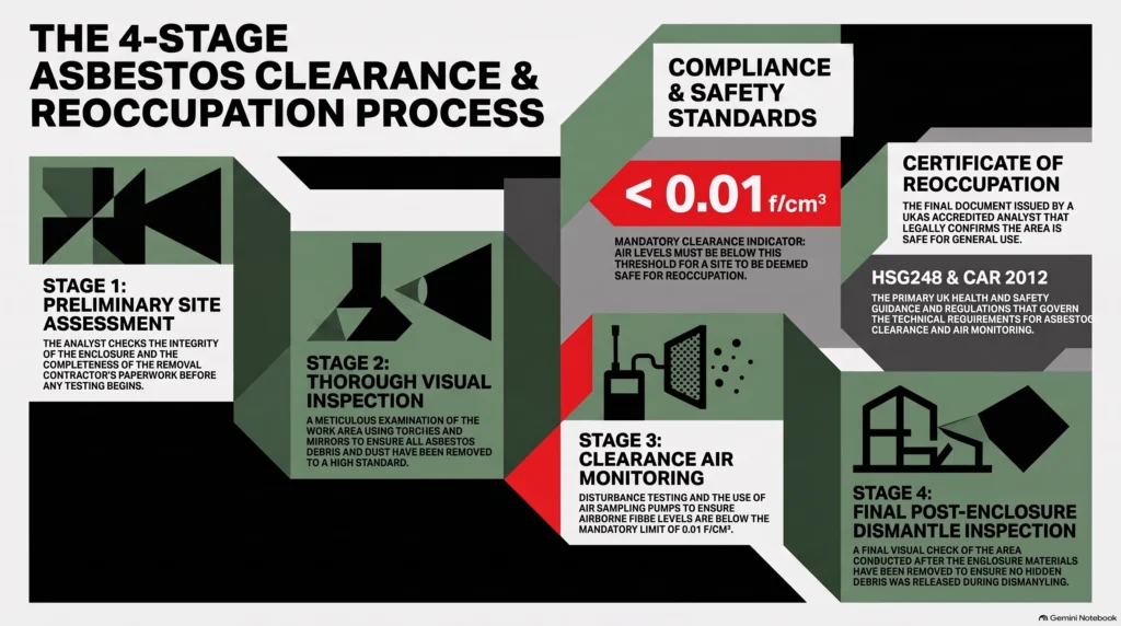 4 stage asbestos clearance, HSG248 clearance process, four stage clearance asbestos, asbestos air monitoring, certificate of reoccupation, CAR 2012 compliance, asbestos enclosure inspection