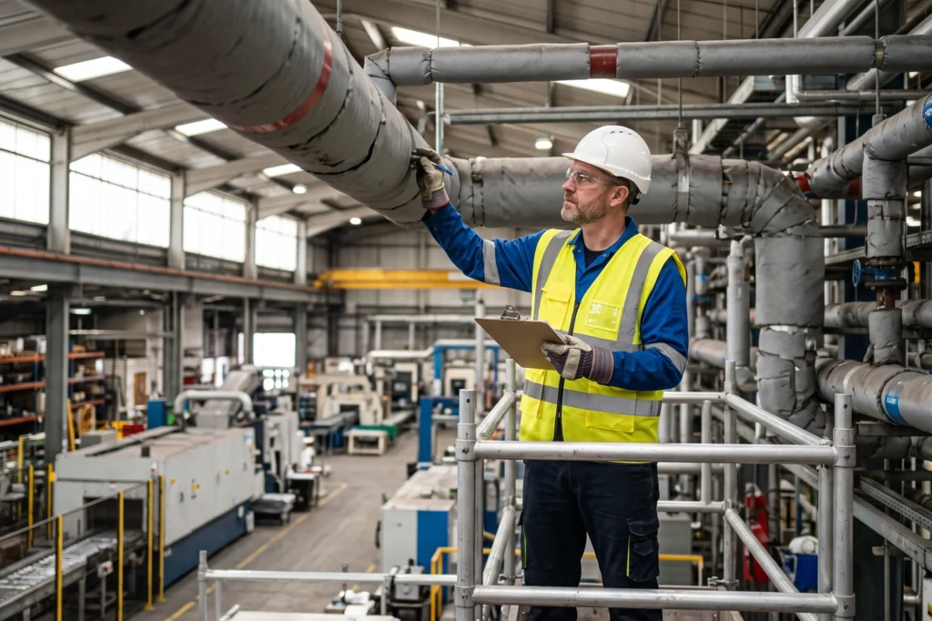 Surveyor inspecting high level pipe lagging in a manufacturing plant; Technician sampling corrugated cement roof sheets on an industrial warehouse; Factory boiler house inspection for thermal insulation and gaskets, industrial site survey, factory site ACM survey, industrial asbestos site survey
