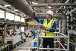 Surveyor inspecting high level pipe lagging in a manufacturing plant; Technician sampling corrugated cement roof sheets on an industrial warehouse; Factory boiler house inspection for thermal insulation and gaskets, industrial site survey, factory site ACM survey, industrial asbestos site survey