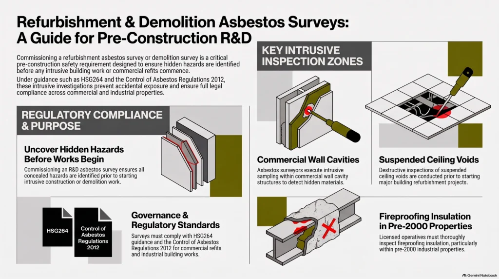 refurbishment asbestos survey, demolition survey, r&d survey essex, asbestos regulations 2012, intrusive building inspection, HSG264, commercial refit asbestos