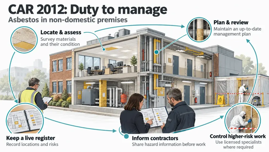 asbestos regulations, CAR 2012 regulations, asbestos regulations commercial property, duty to manage asbestos, asbestos management plan, asbestos survey types, HSE licensed removal, UK asbestos compliance