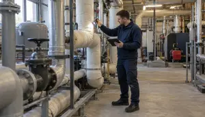 A surveyor auditing pipework during commercial asbestos inspections in an industrial facility, commercial asbestos inspections, portfolio inspection cycle, inspections commercial buildings