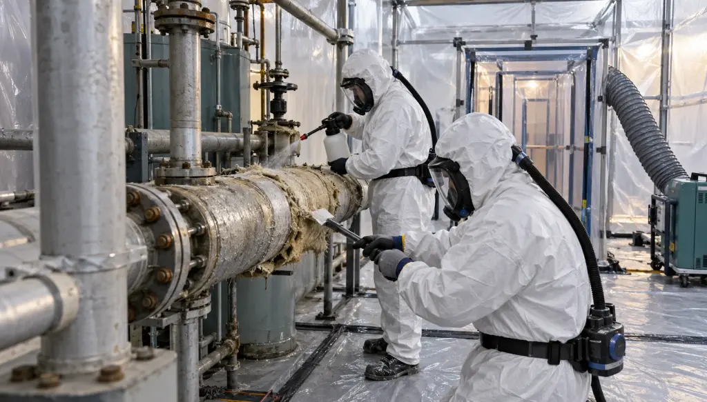 Operatives in full protective equipment removing corrugated asbestos cement sheets from a factory roof, industrial asbestos abatement, industrial ACM abatement, abatement industrial buildings