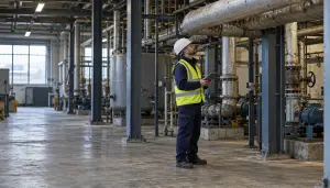 Accredited asbestos surveyor inspecting structural steelwork inside an industrial plant, industrial asbestos surveys, industrial site surveys, asbestos surveys industrial premises